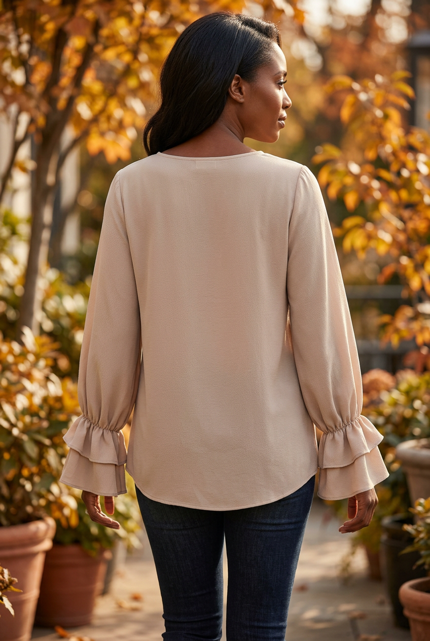 Back view of the beige blouse and ruffle sleeves
