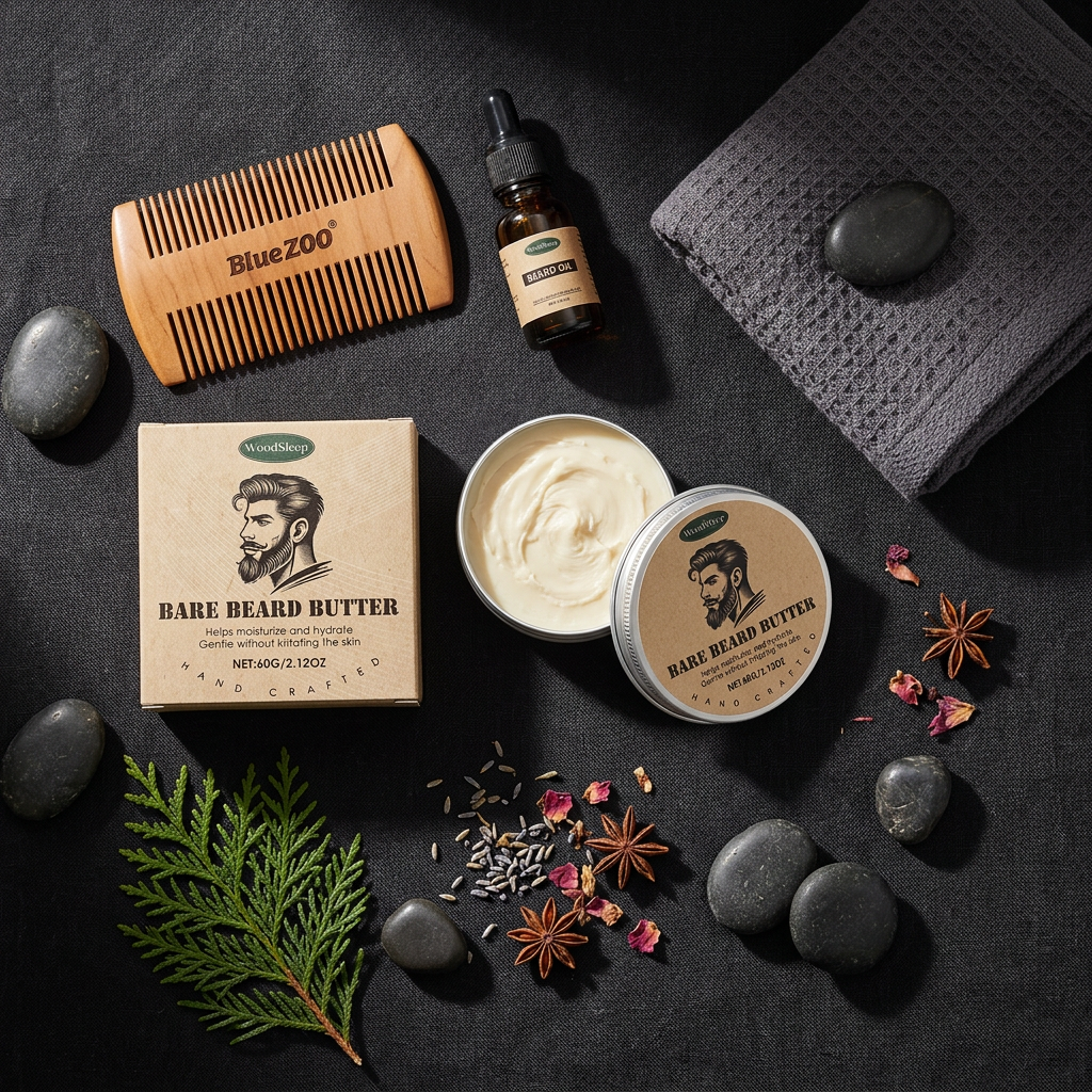 Bare Beard Butter — Dark Linen Beard Kit Flat Lay