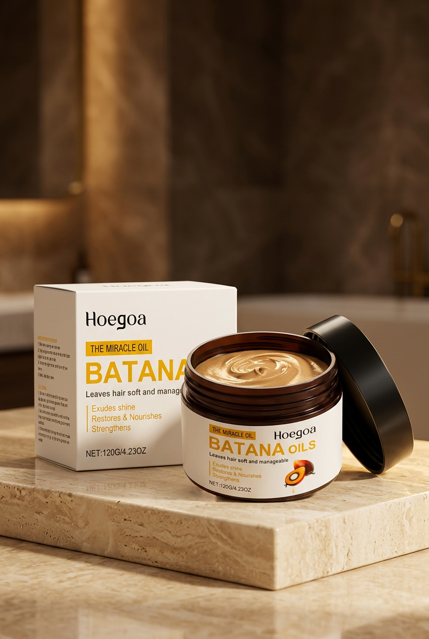 Batana Oils hero shot with warm amber lighting and ivory stone