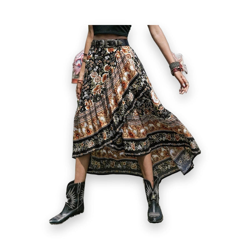 Front view of Plus Size floral high-low skirt with belt