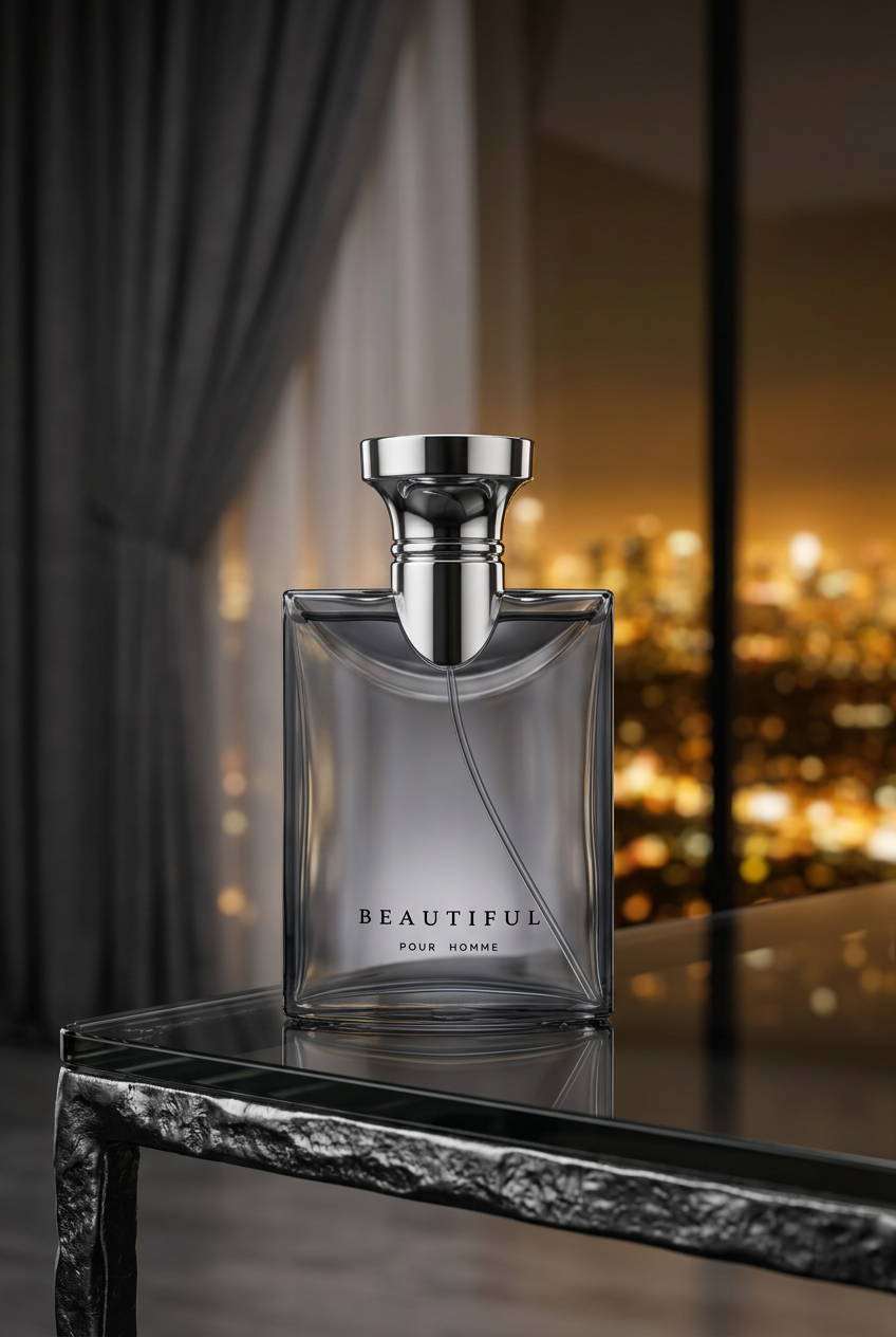 Beautiful Pour Homme in an evening penthouse setting
