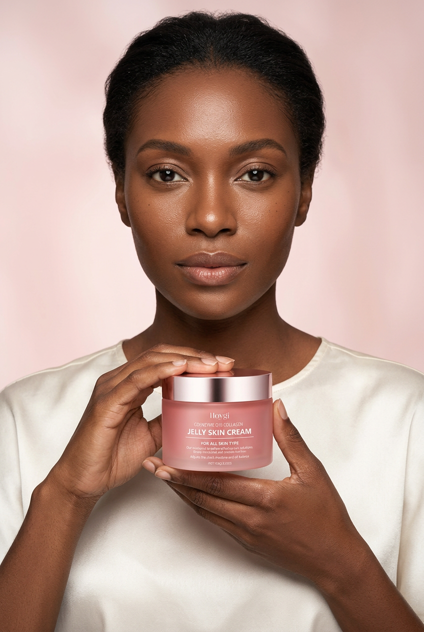 Beauty model holding the pink jelly cream jar