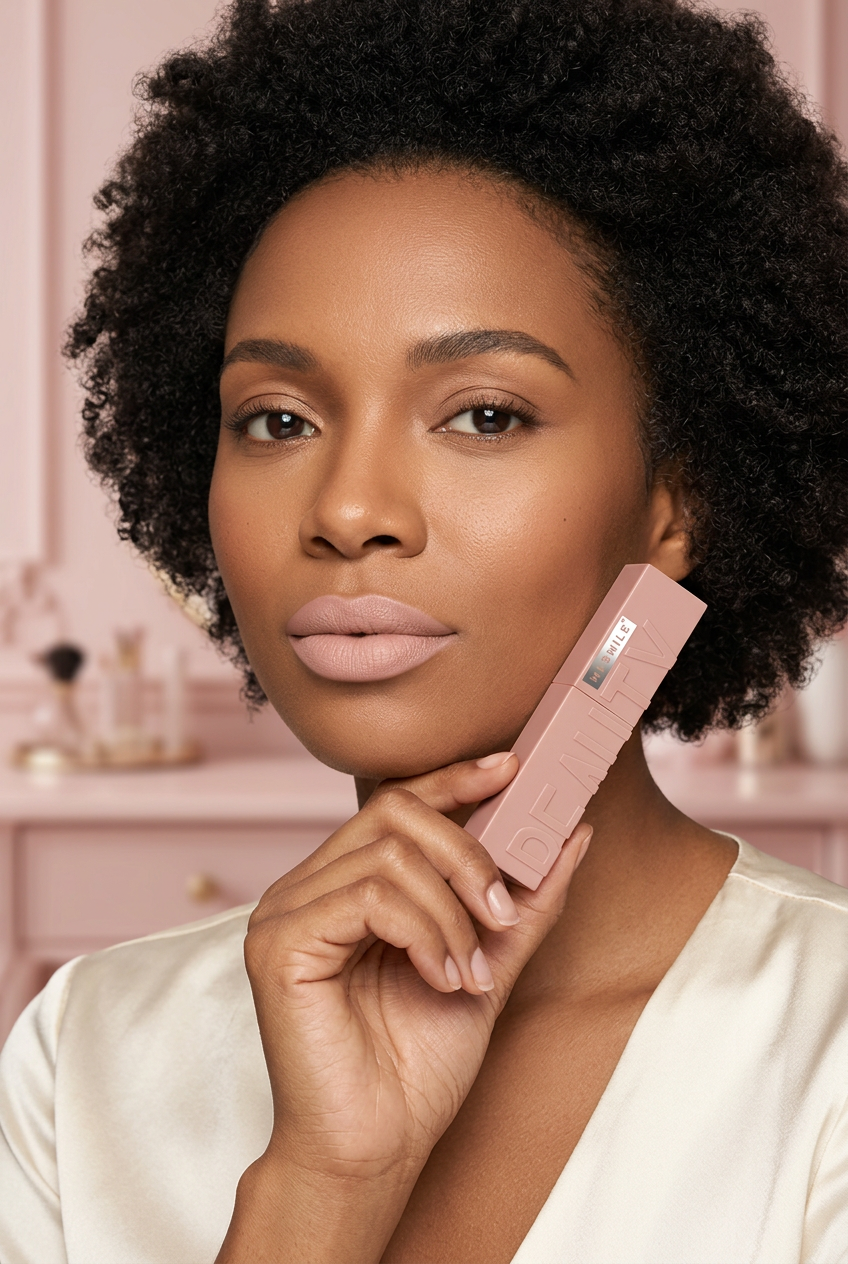 Beauty model wearing a nude lip and holding the matching lipstick