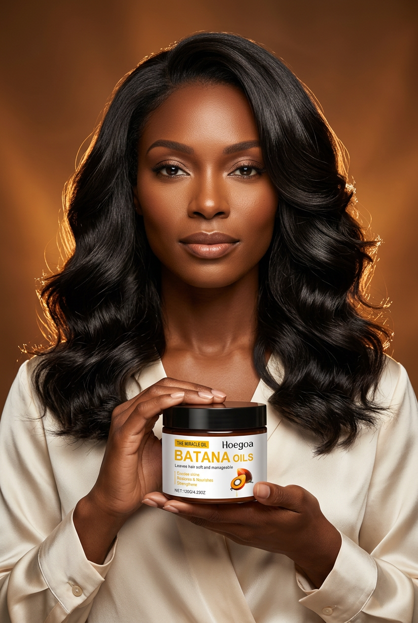 Beauty model with glossy flowing waves holding the Batana Oils jar