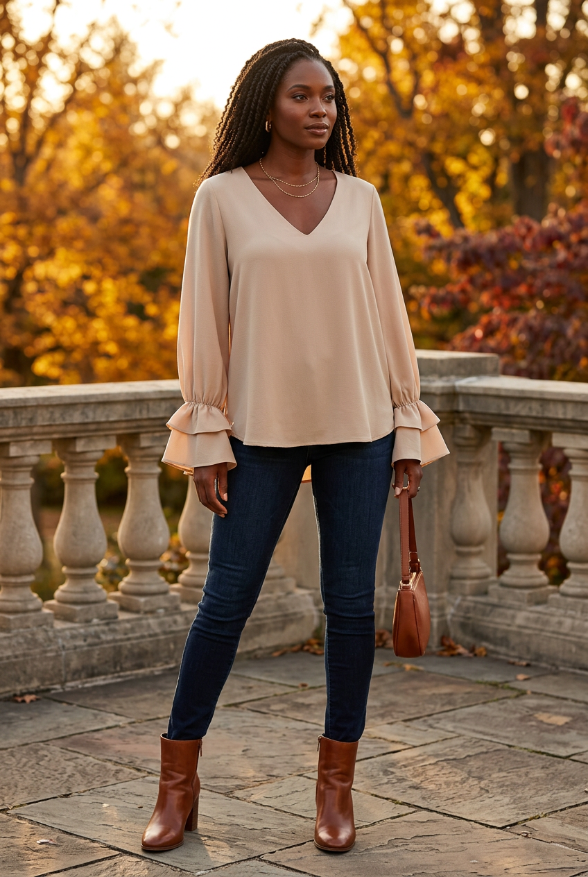 Beige blouse styled with jeans, cognac boots, and fall accessories