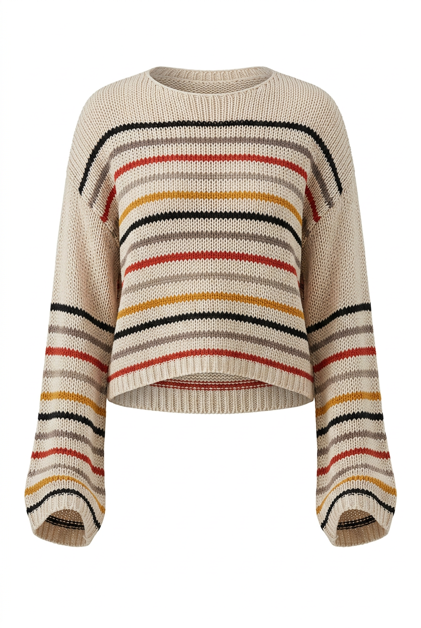 Beige striped round neck pullover sweater with black, grey, and rust red horizontal stripes