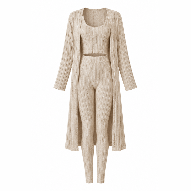 Beige Ribbed Knit 3-Piece Loungewear Set – White Background, No Model