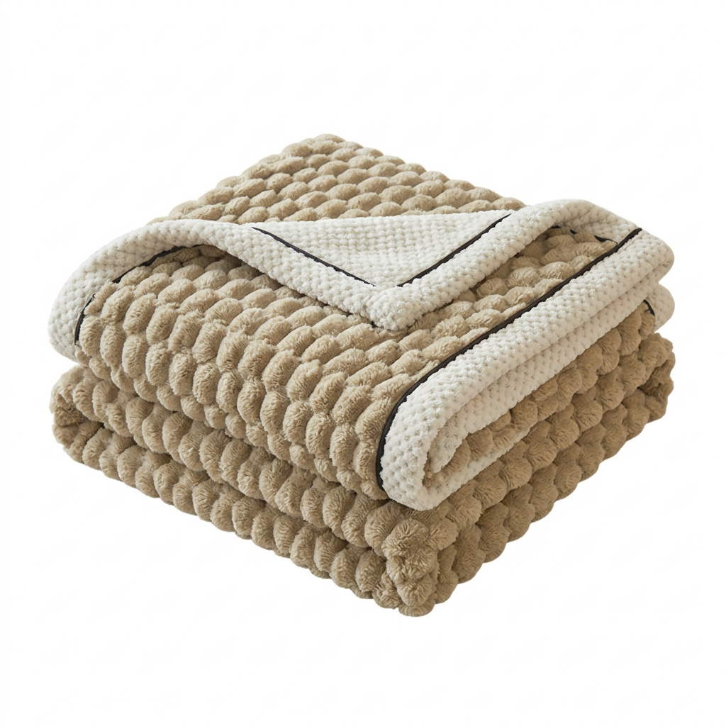 Beige textured blanket folded on a white background