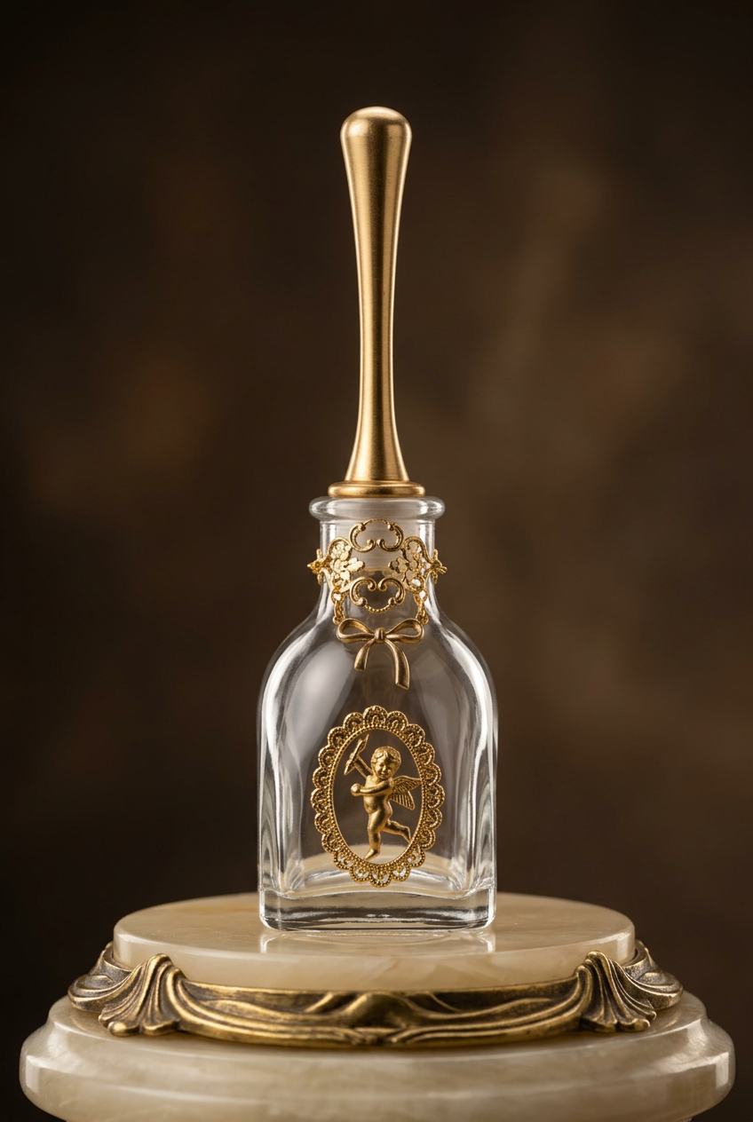 Bell-style decorative perfume bottle with tall gold stopper