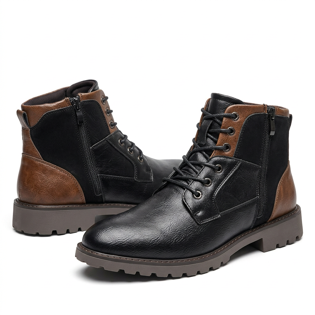 Black-and-brown lace-up ankle boots on a pure white background