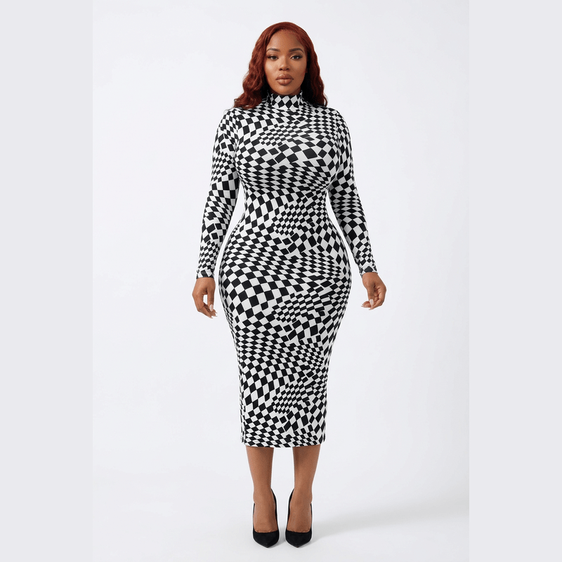Black-and-white checkerboard dress on a clean white background