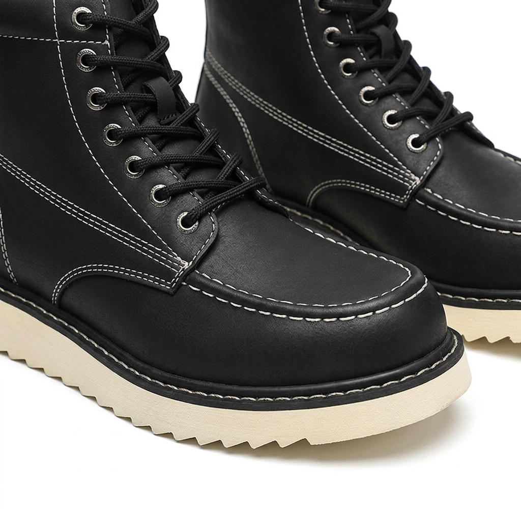 Black boot close-up showing contrast stitching, eyelets, and cream sole