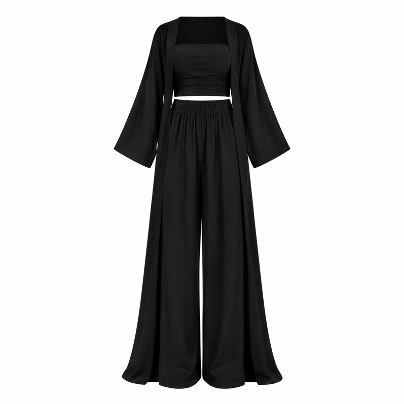 Black Cardigan Crop Top Wide-Leg Set – White Background
