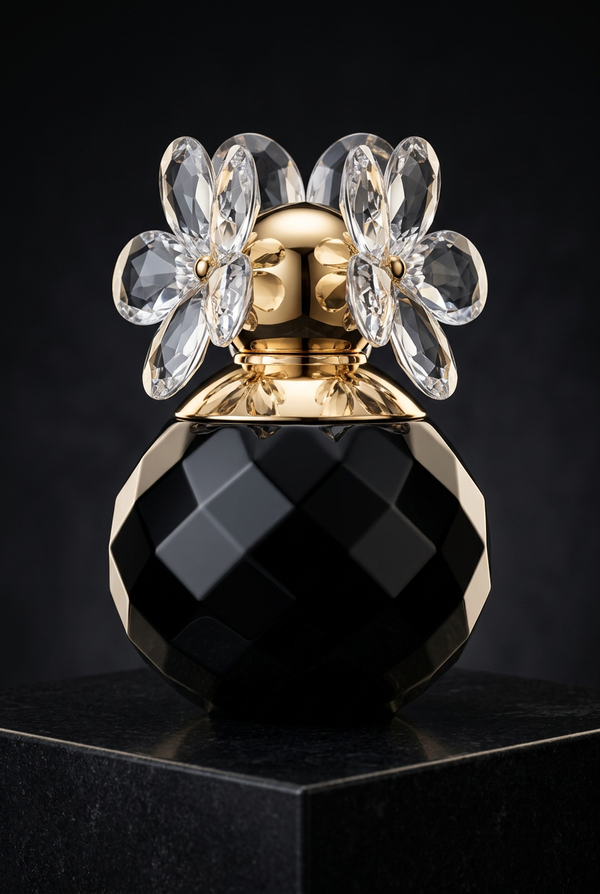 Black Happiness Flower perfume with sculpted gold lighting