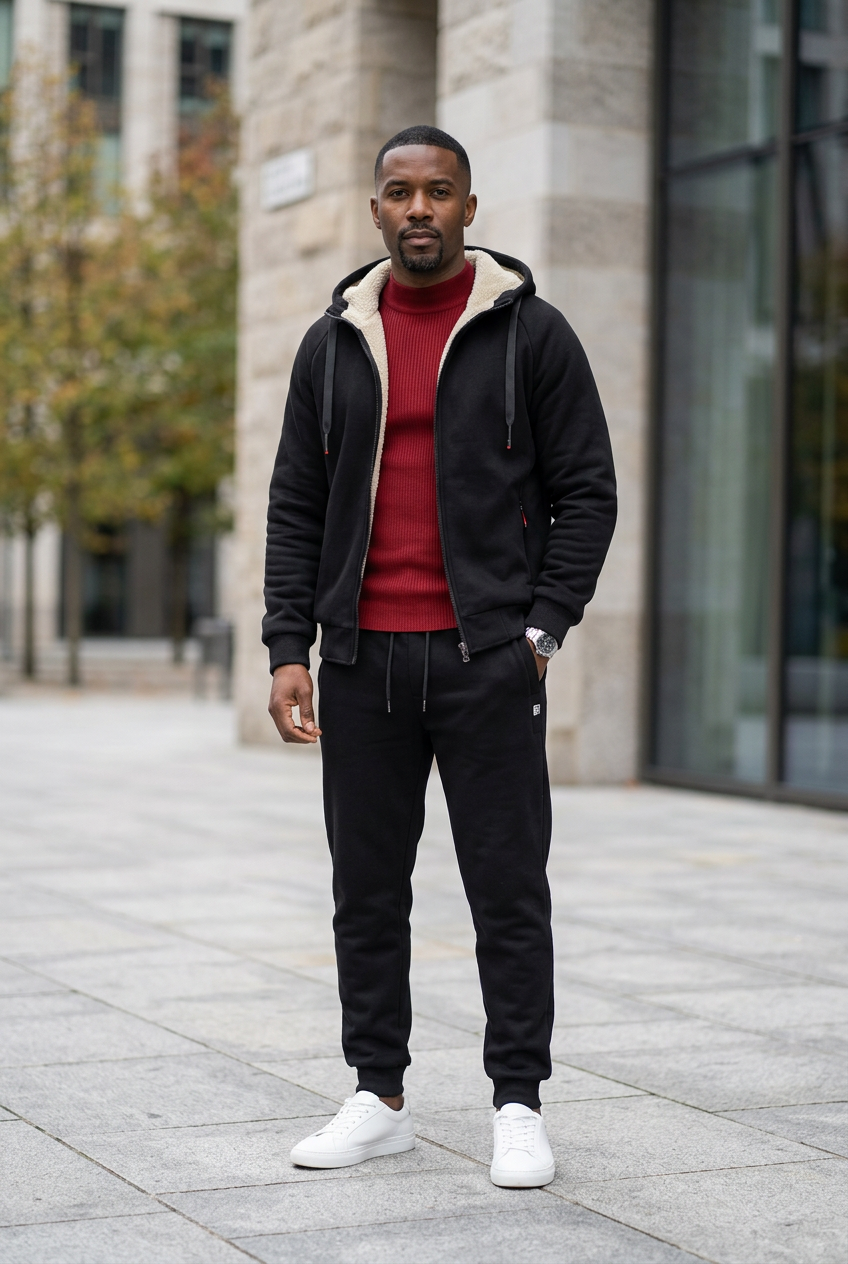 Black hooded jogger set styled with a red undershirt