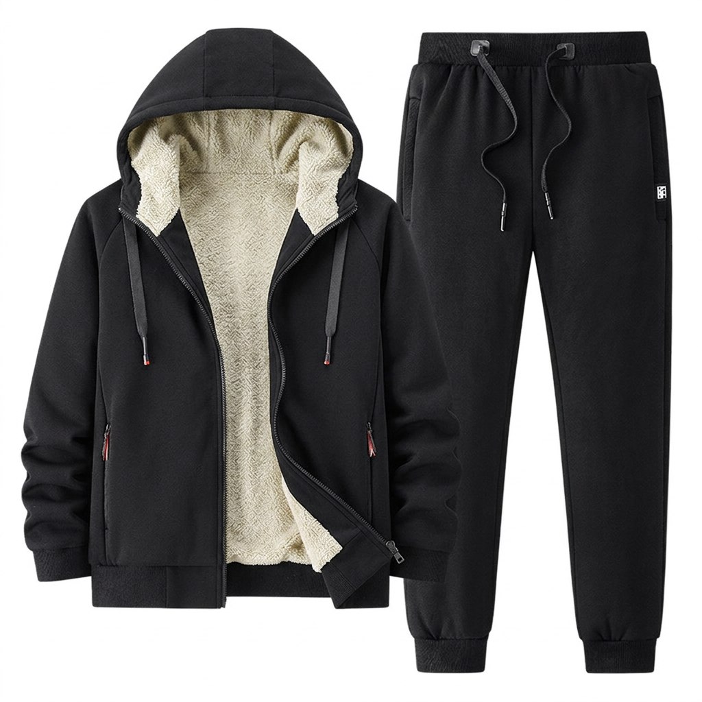 Black jacket and joggers set on a white background