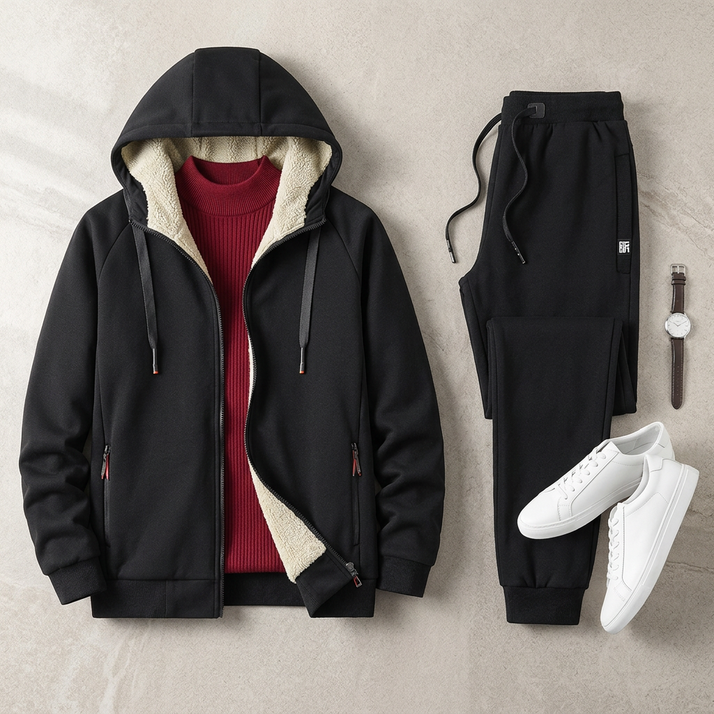 Black jogger set styled flat lay with red undershirt