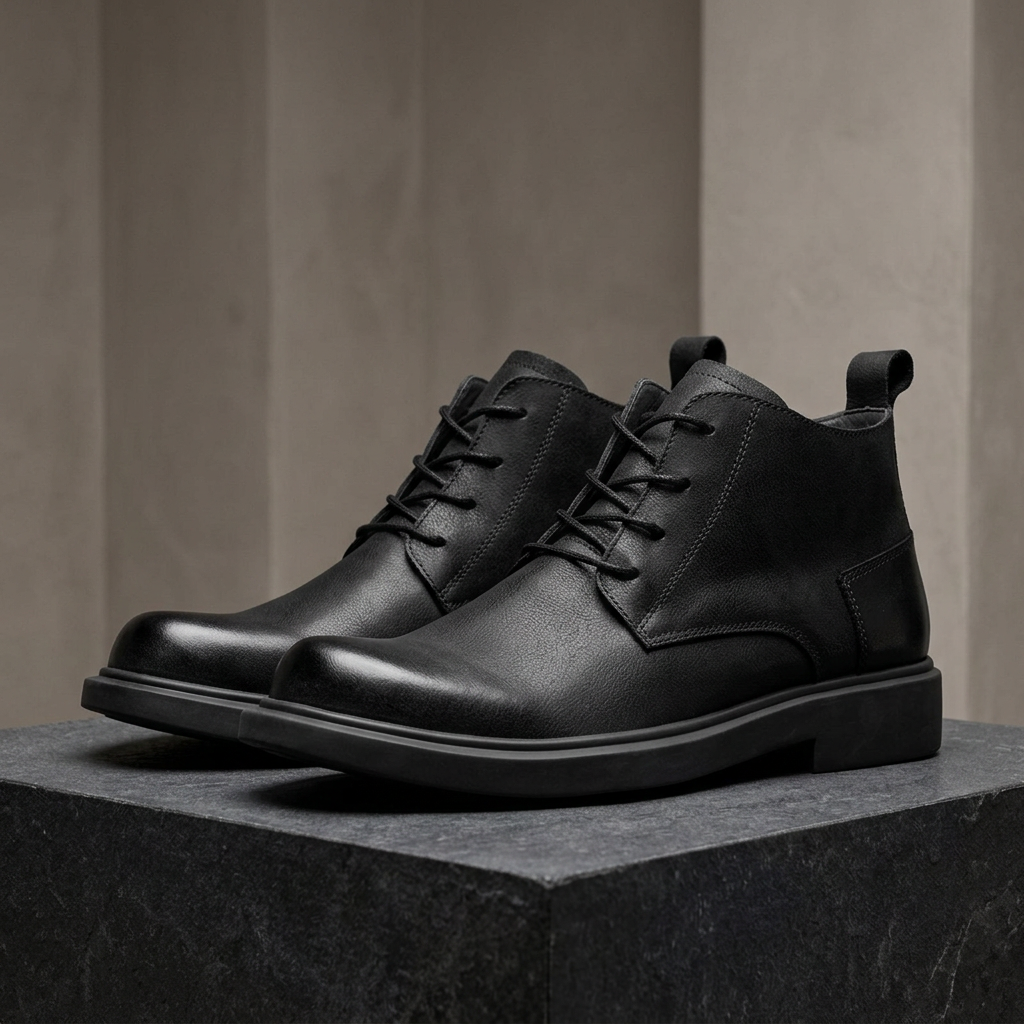 Black lace-up boots in a dramatic architectural product hero
