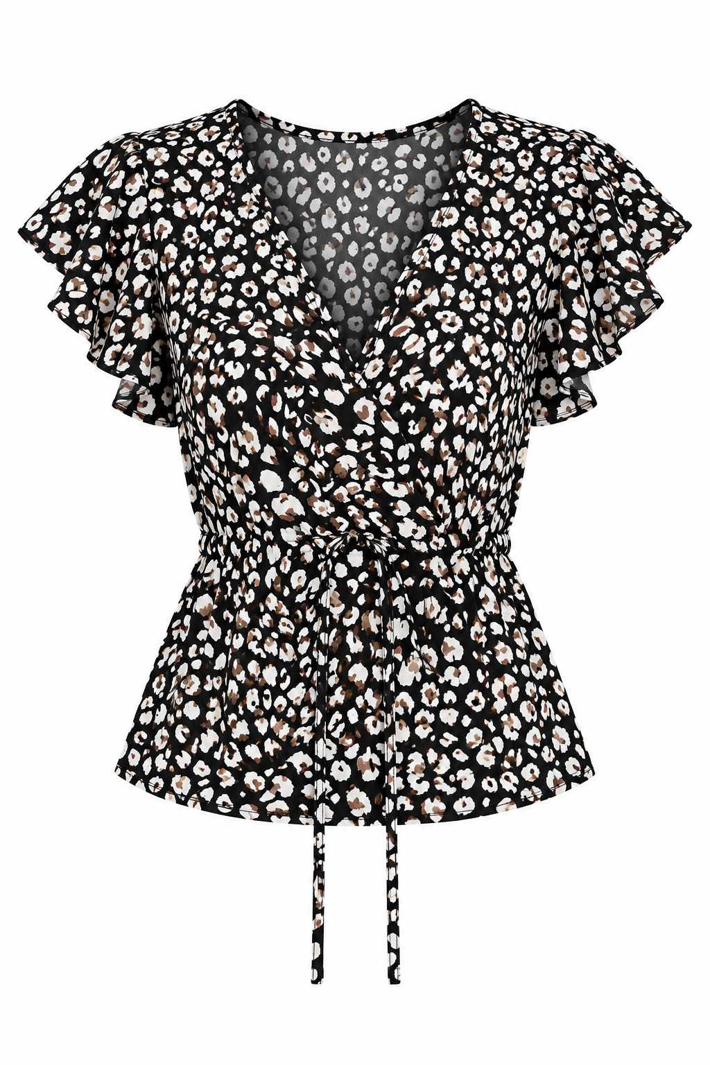 Black Leopard Flutter Sleeve Blouse – White Background