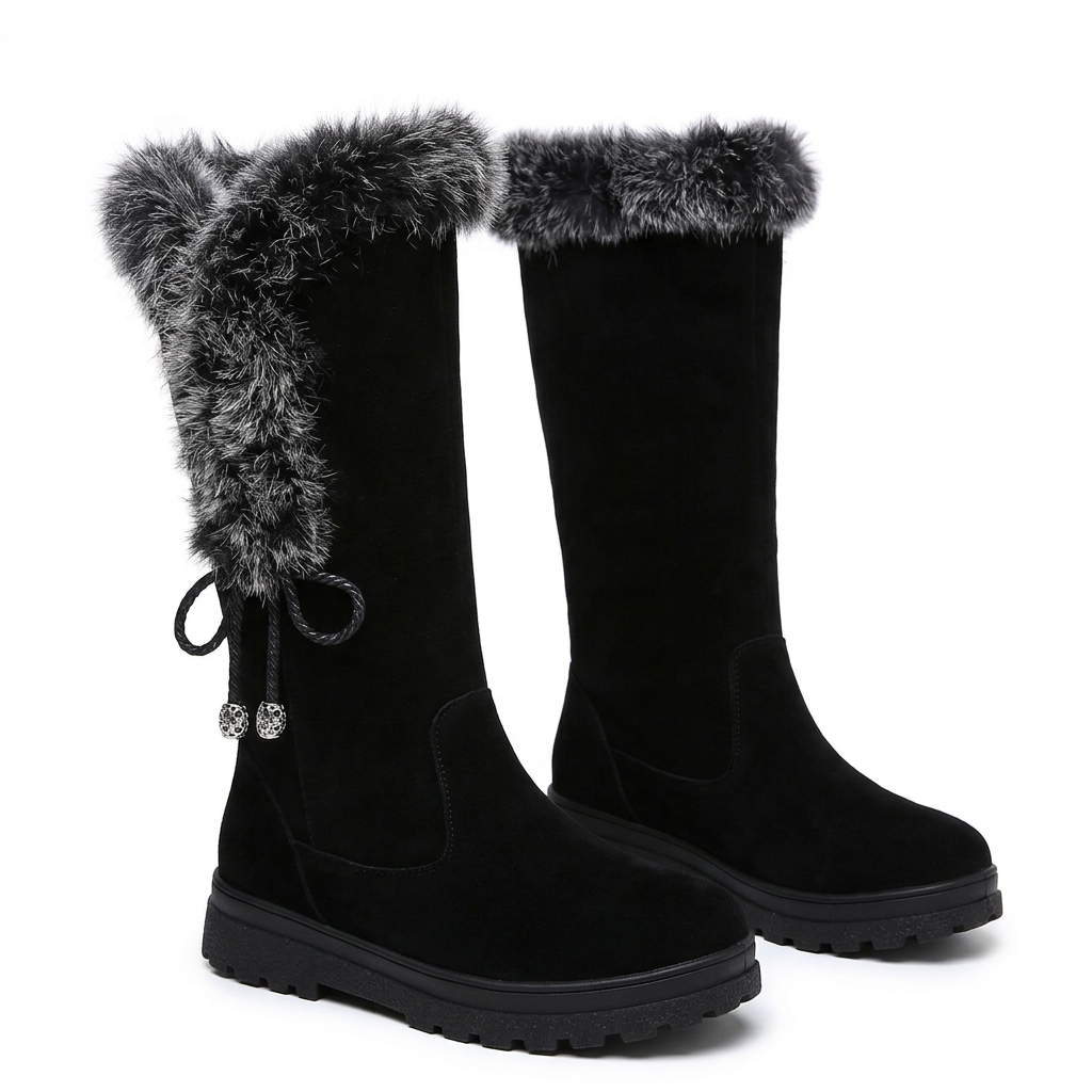 Black mid-calf boots with gray trim and silver-beaded side ties on white