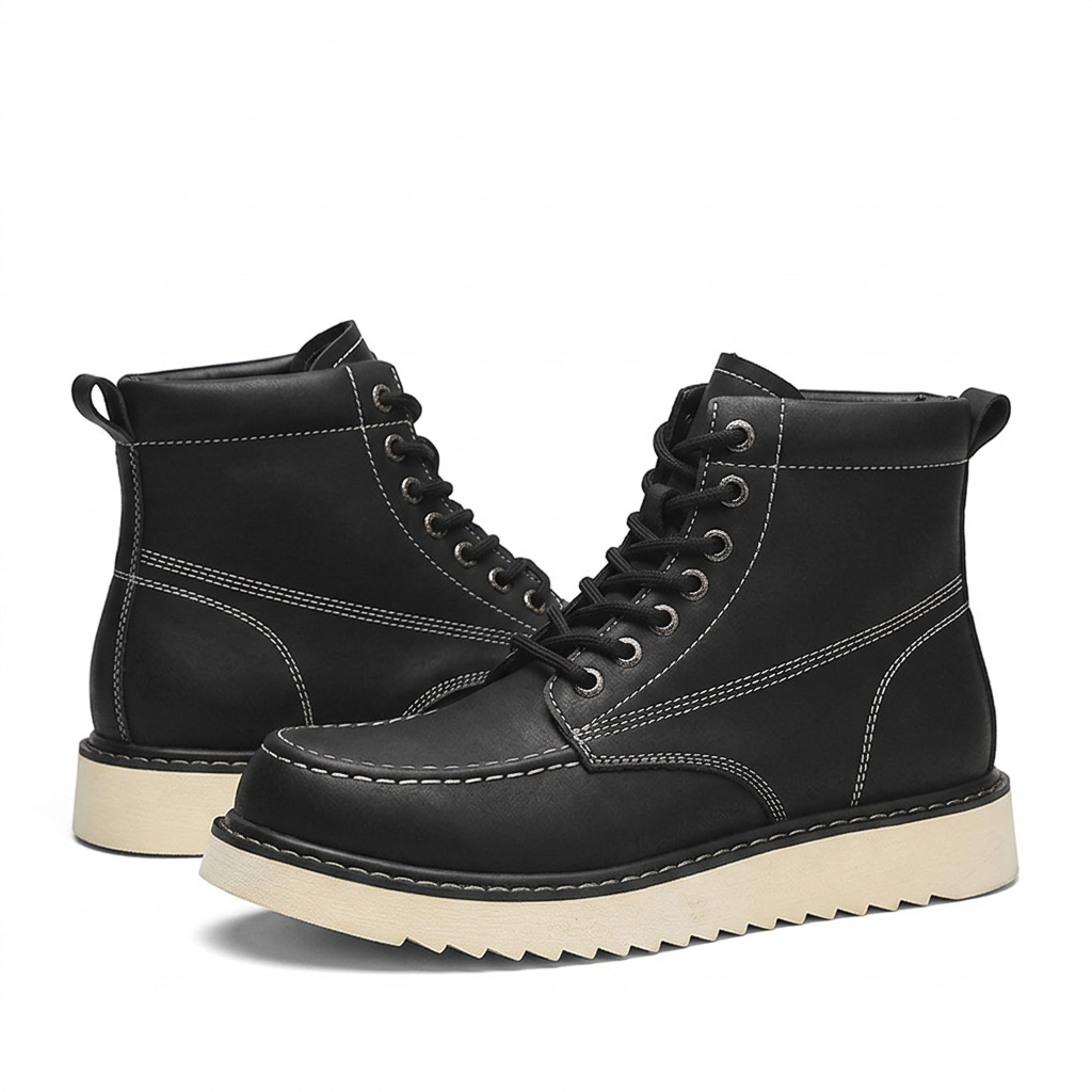 Black moc-toe boot pair on a clean white background