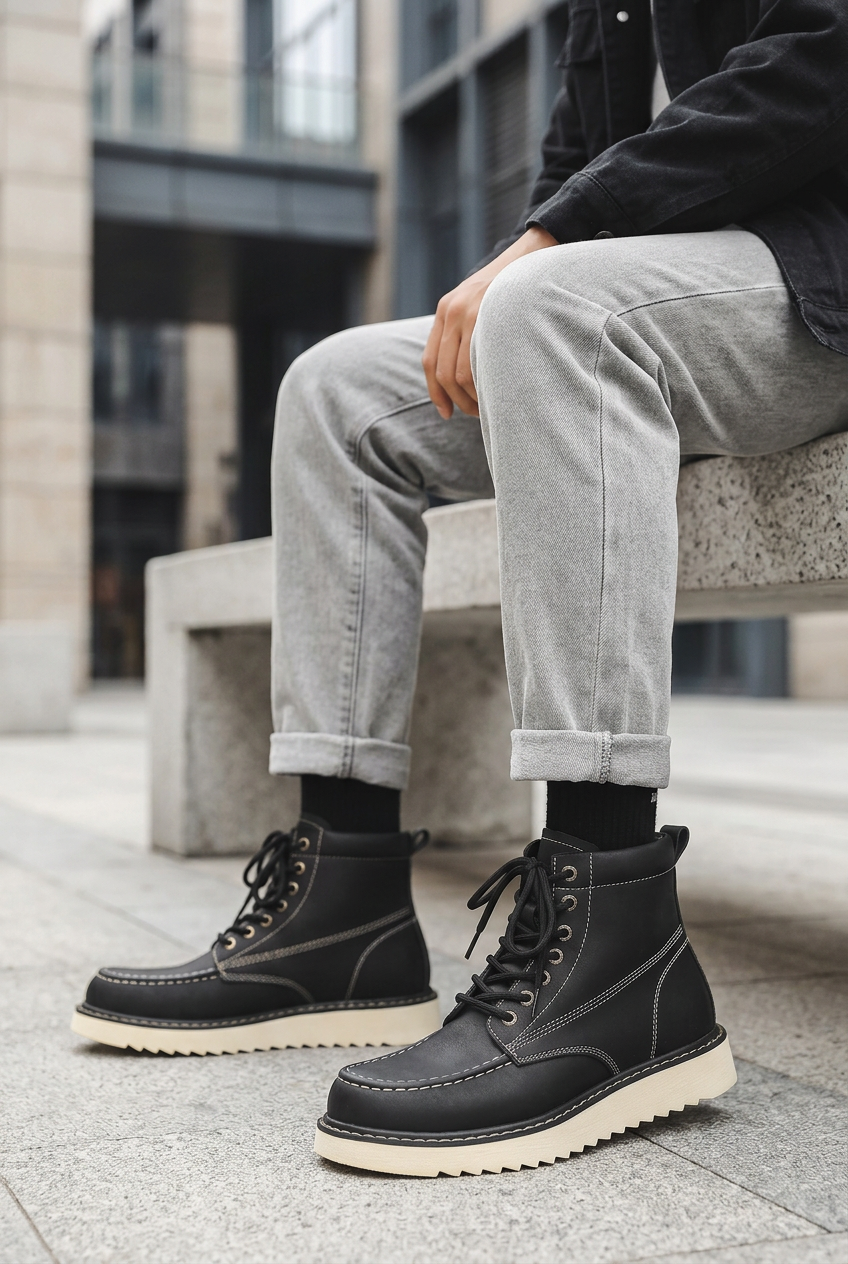 Black moc-toe boots with cream wedge soles styled with stone-gray jeans
