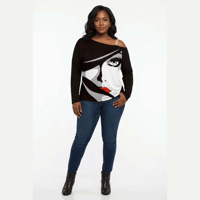 Black model wearing the front-facing portrait graphic top on white