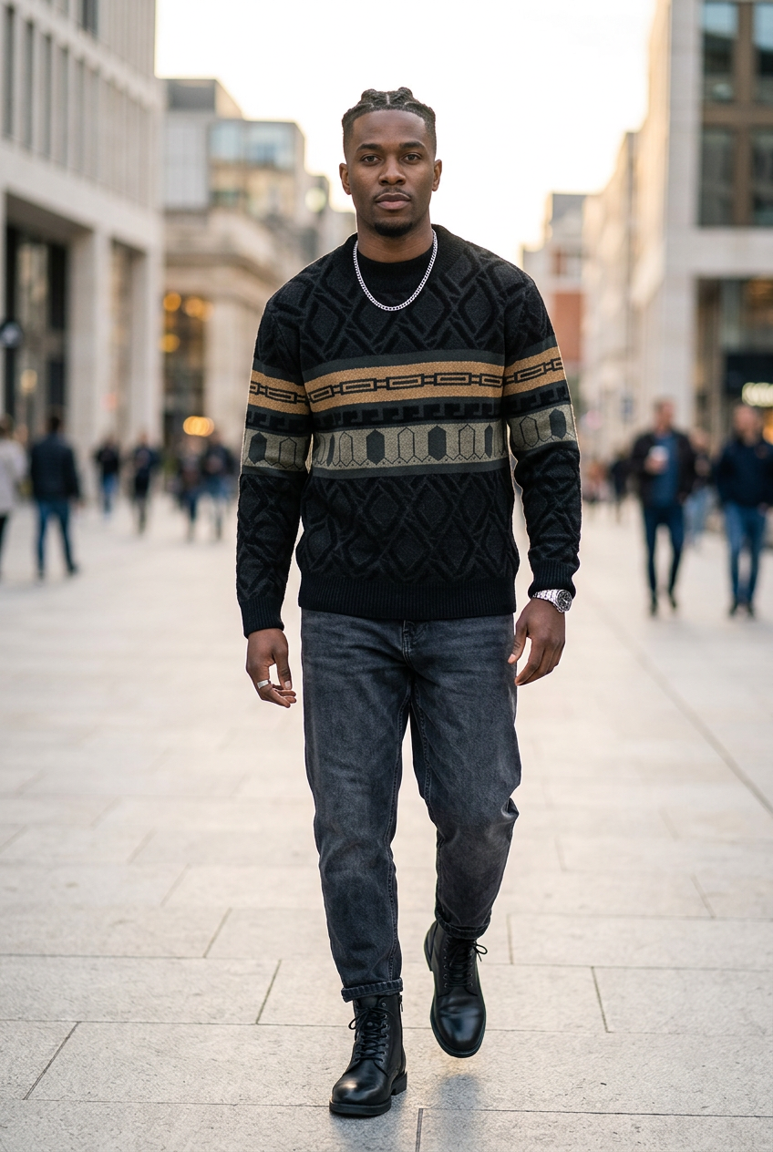 Black patterned sweater lifestyle look