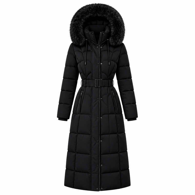 Black Puffer Coat with Fur Hood – White Background, No Model