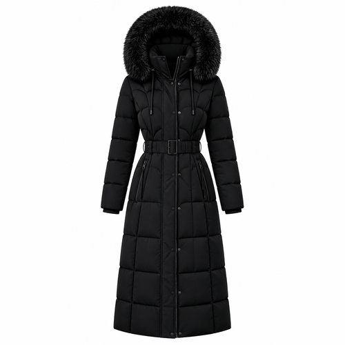 Black Puffer Coat with Fur Hood – White Background, No Model