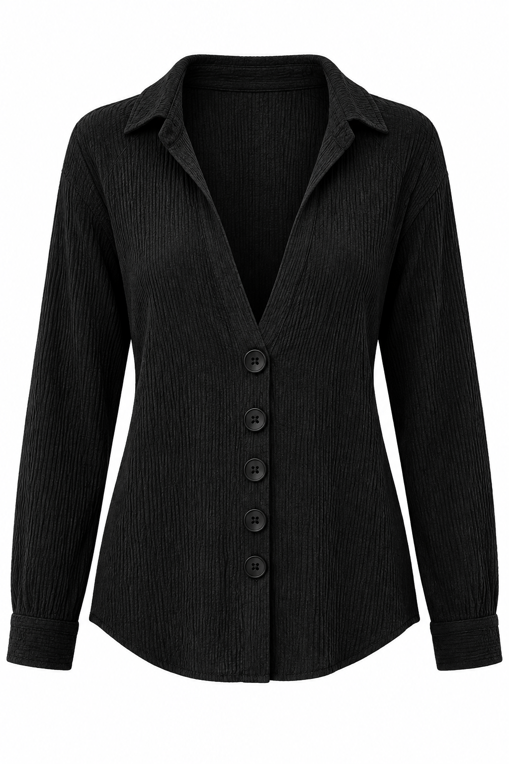 Black Ribbed Button-Down Top – White Background