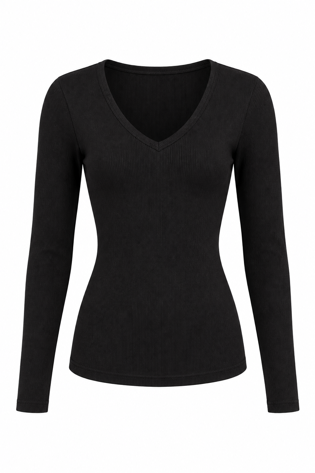 Black Ribbed V-Neck Long Sleeve Top – White Background