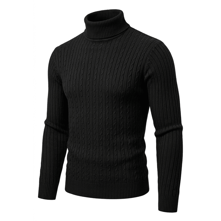 Black Slim-Fit Cable Knit Turtleneck – White Background, No Model