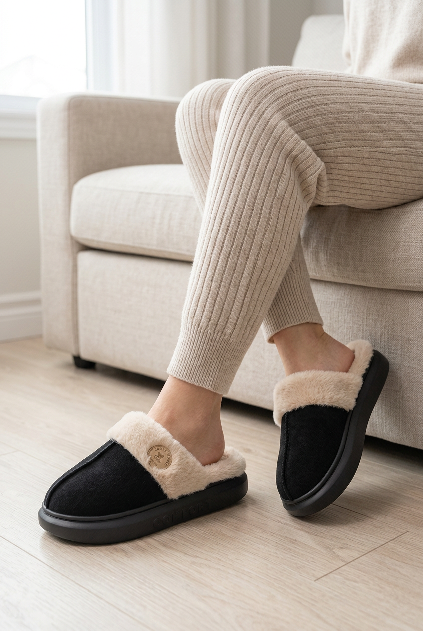 Black slippers styled with oatmeal lounge pants
