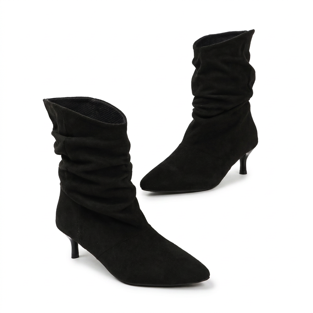 Black slouch kitten-heel boots on white