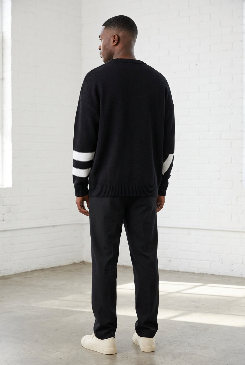 Black striped sweater back model view