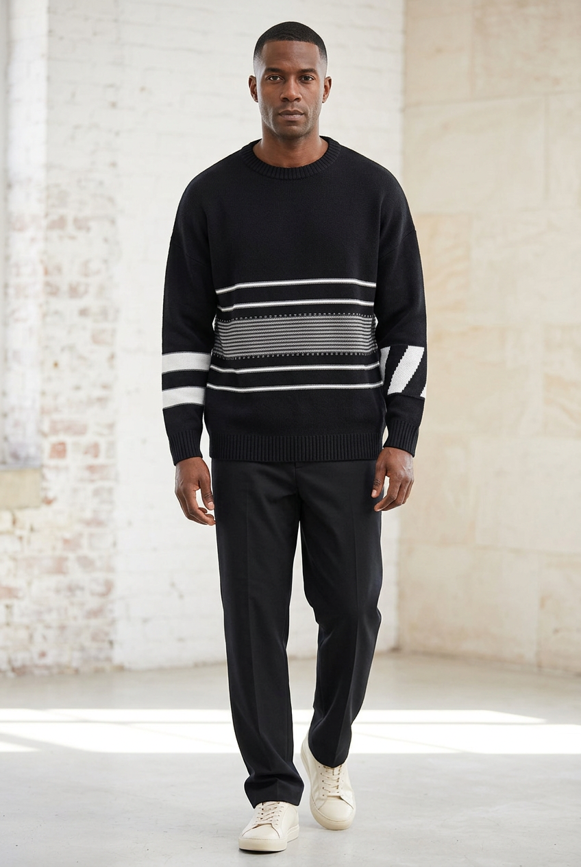 Black striped sweater front model view