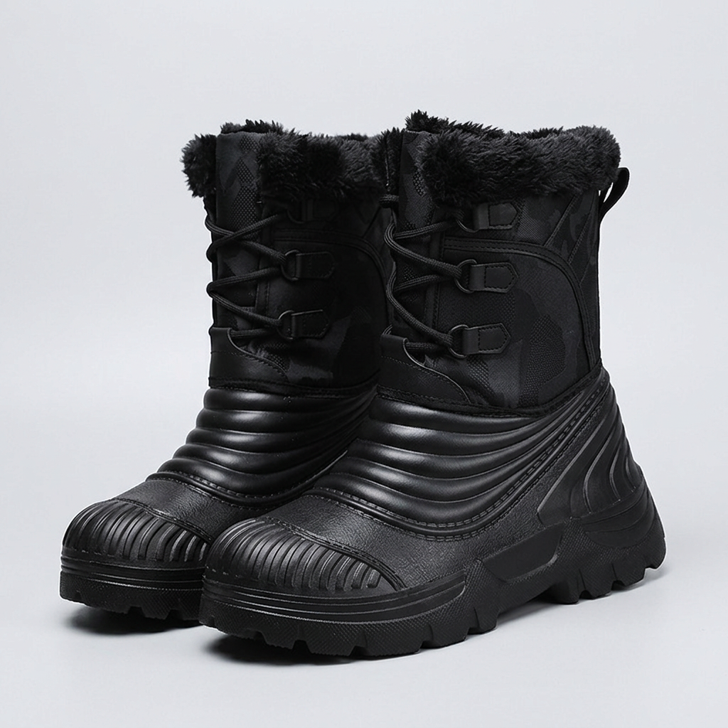 Black winter boots on a plain light-gray background