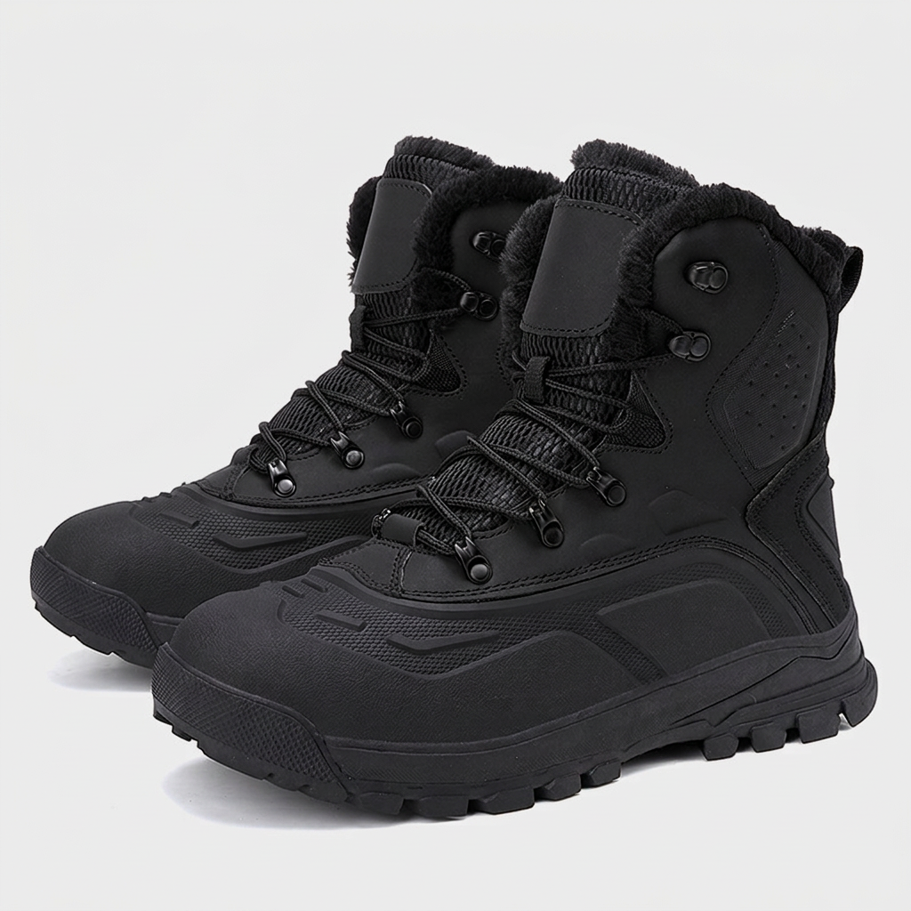 Black winter boots on a plain light-gray background