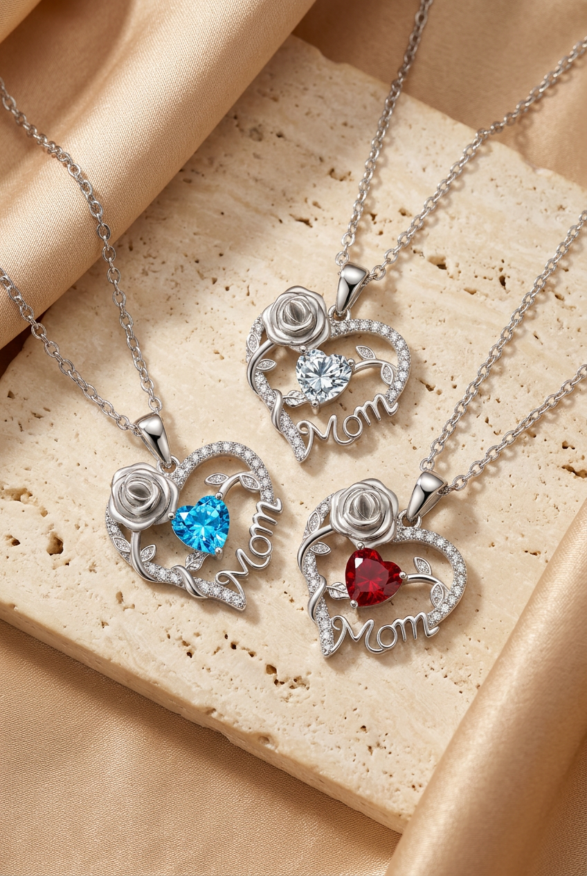 Blue, clear, and red stone Mom necklaces styled together
