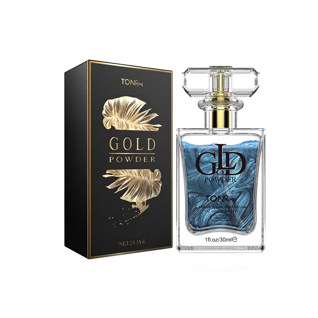 Blue Gold Powder perfume and carton on pure white