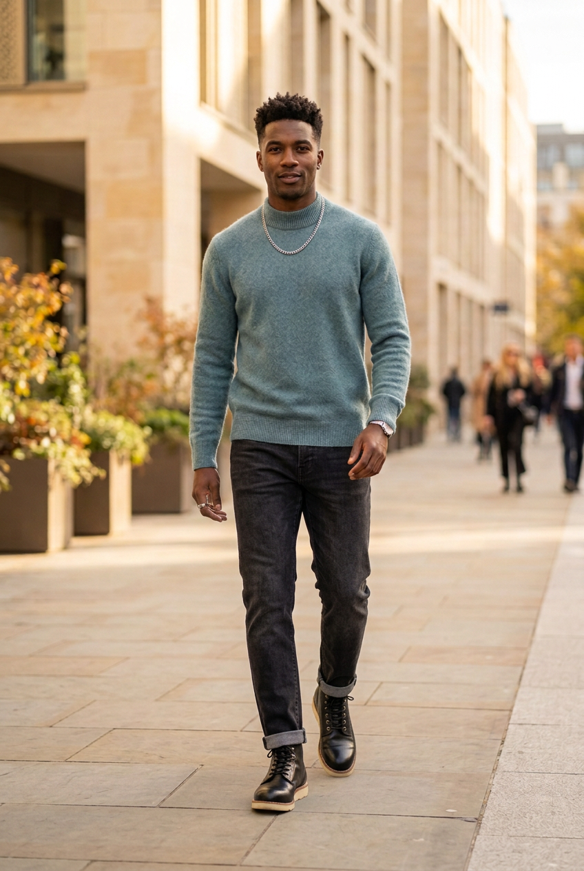 Blue-green sweater styled with jeans, boots, and silver accessories