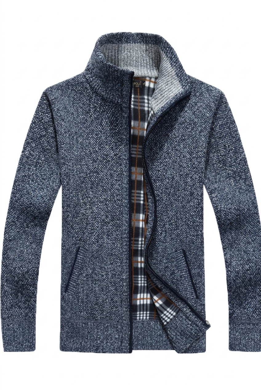 Blue-grey knit jacket on an invisible mannequin against white