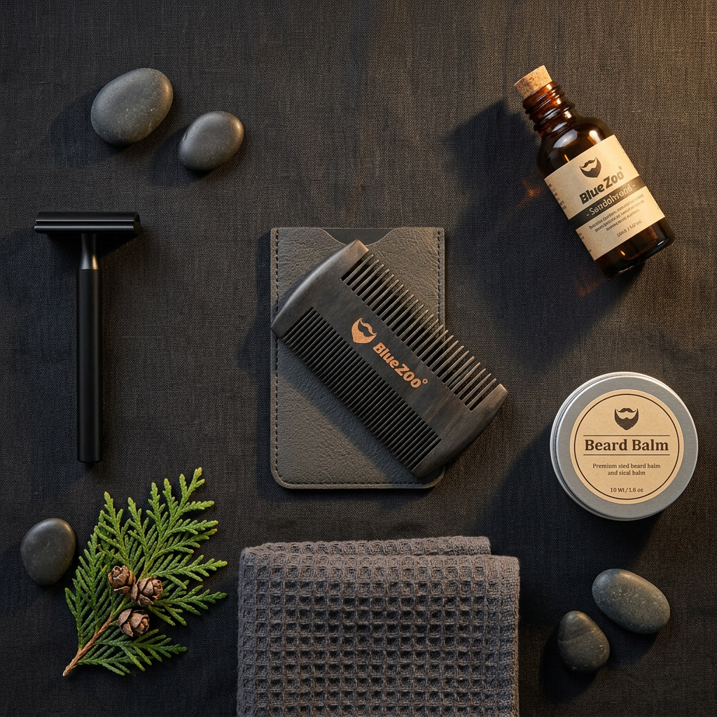 Blue Zoo Beard Comb — Dark Linen Beard Kit Flat Lay