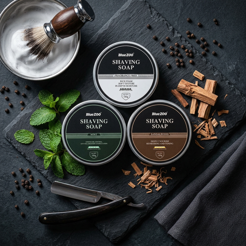 BlueZoo Shaving Soap — Dark Slate Three-Variant Flat Lay