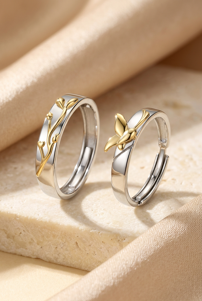 Both botanical rings styled together as a set