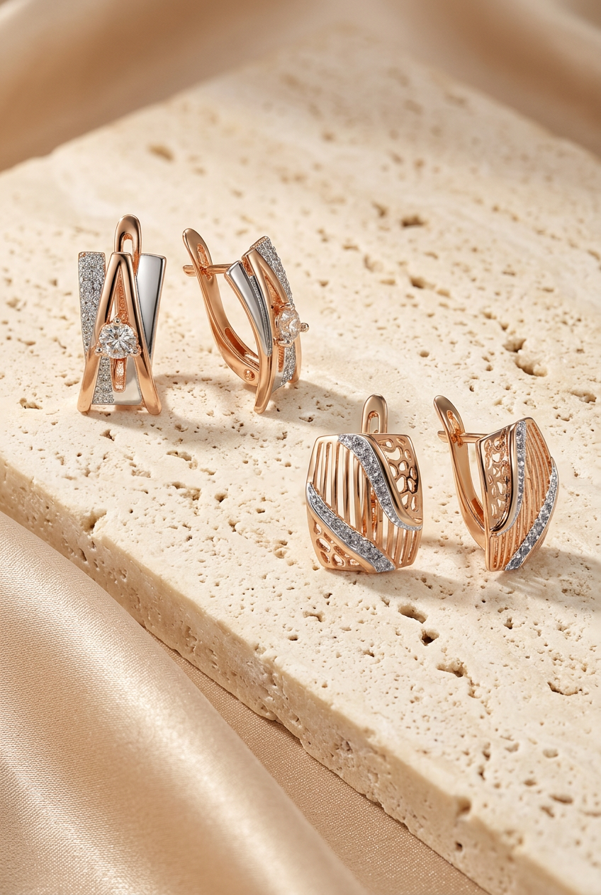 Both earring designs styled together on ivory stone