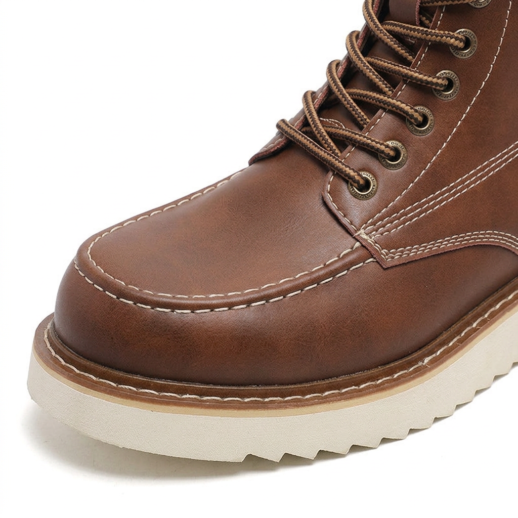 Brown boot close-up showing moc-toe stitching, lacing, and cream sole