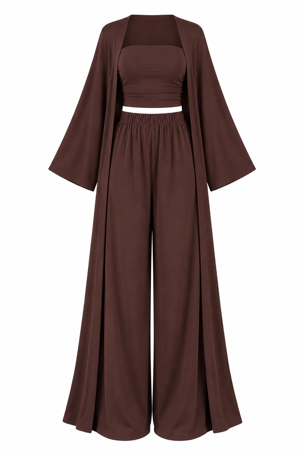 Brown Cardigan Crop Top Wide-Leg Set – White Background