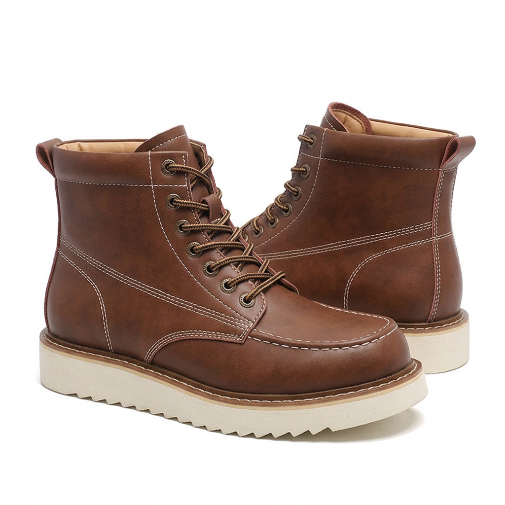 Brown moc-toe boot pair on a clean white background